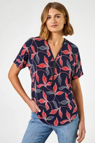 Roman Grey Textured Leaf Print Zip Front Top 8 Roman Grey Textured Leaf Print Zip Front Top - Image 6