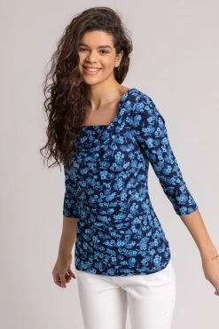 Roman Blue Floral Print Print Cowl Neck Top