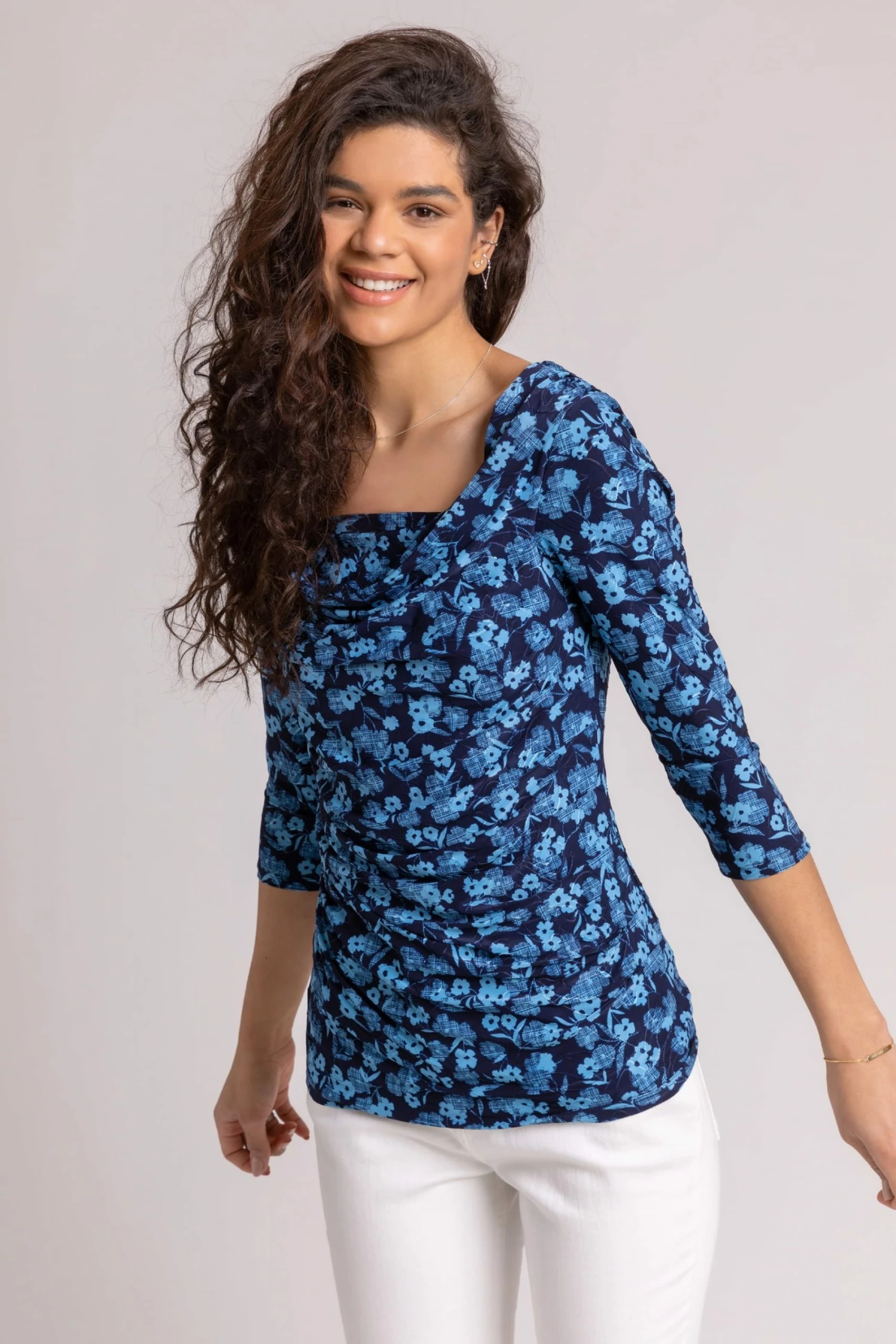 Roman Blue Floral Print Print Cowl Neck Top 3 Roman Blue Floral Print Print Cowl Neck Top