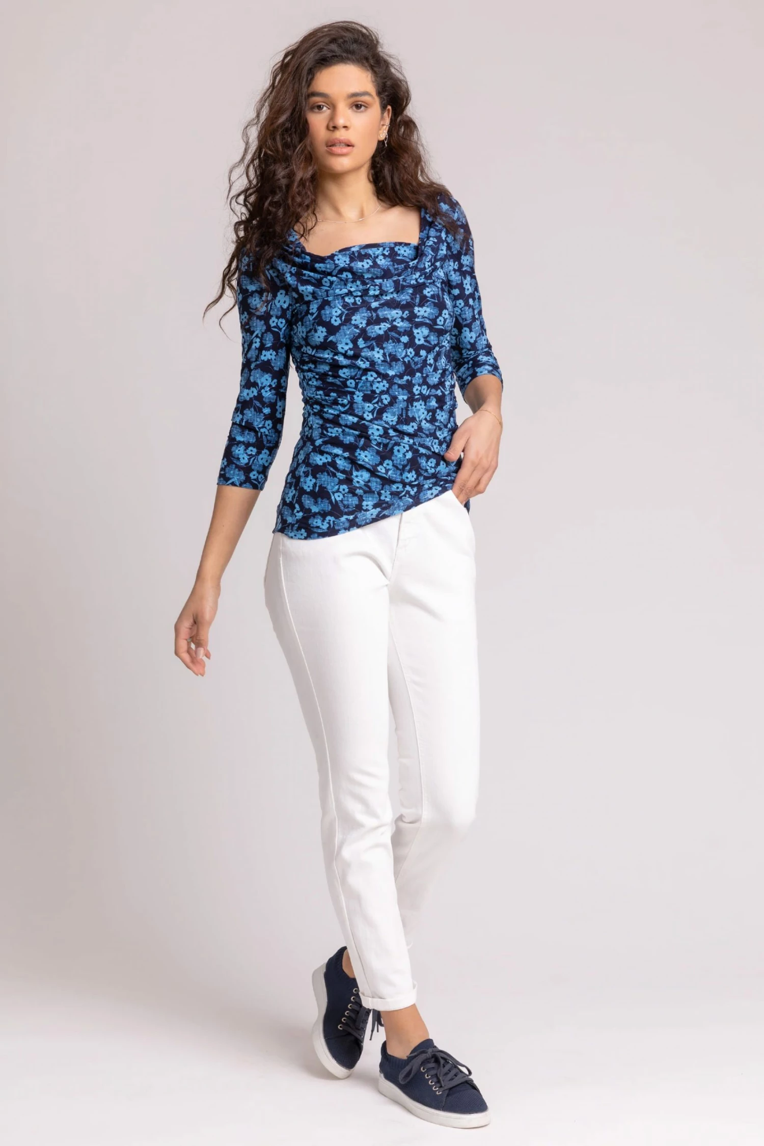 Roman Blue Floral Print Print Cowl Neck Top 5 Roman Blue Floral Print Print Cowl Neck Top - Image 3