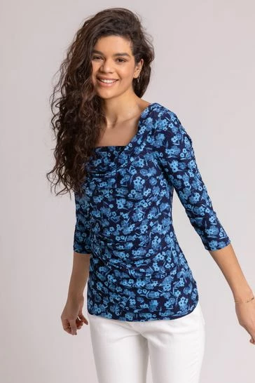 Roman Blue Floral Print Print Cowl Neck Top 7 Roman Blue Floral Print Print Cowl Neck Top - Image 5