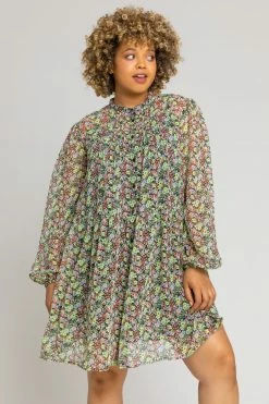 Roman Black Curve Floral Button Through Blouse