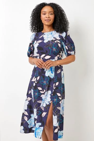 Roman Blue Petite Floral Print Puff Sleeve Midi Dress 7 Roman Blue Petite Floral Print Puff Sleeve Midi Dress - Image 5