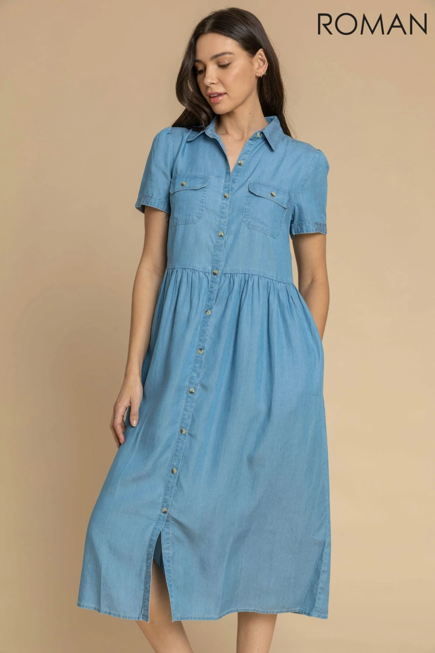 Roman Blue Denim Buttoned Midi Shirt Dress 3 Roman Blue Denim Buttoned Midi Shirt Dress