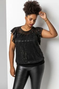 Roman Black Curve Frill Plisse Blouson Top