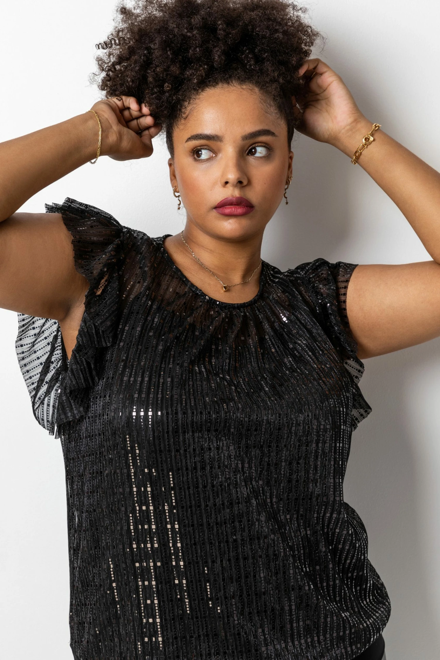 Roman Black Curve Frill Plisse Blouson Top 6 Roman Black Curve Frill Plisse Blouson Top - Image 4