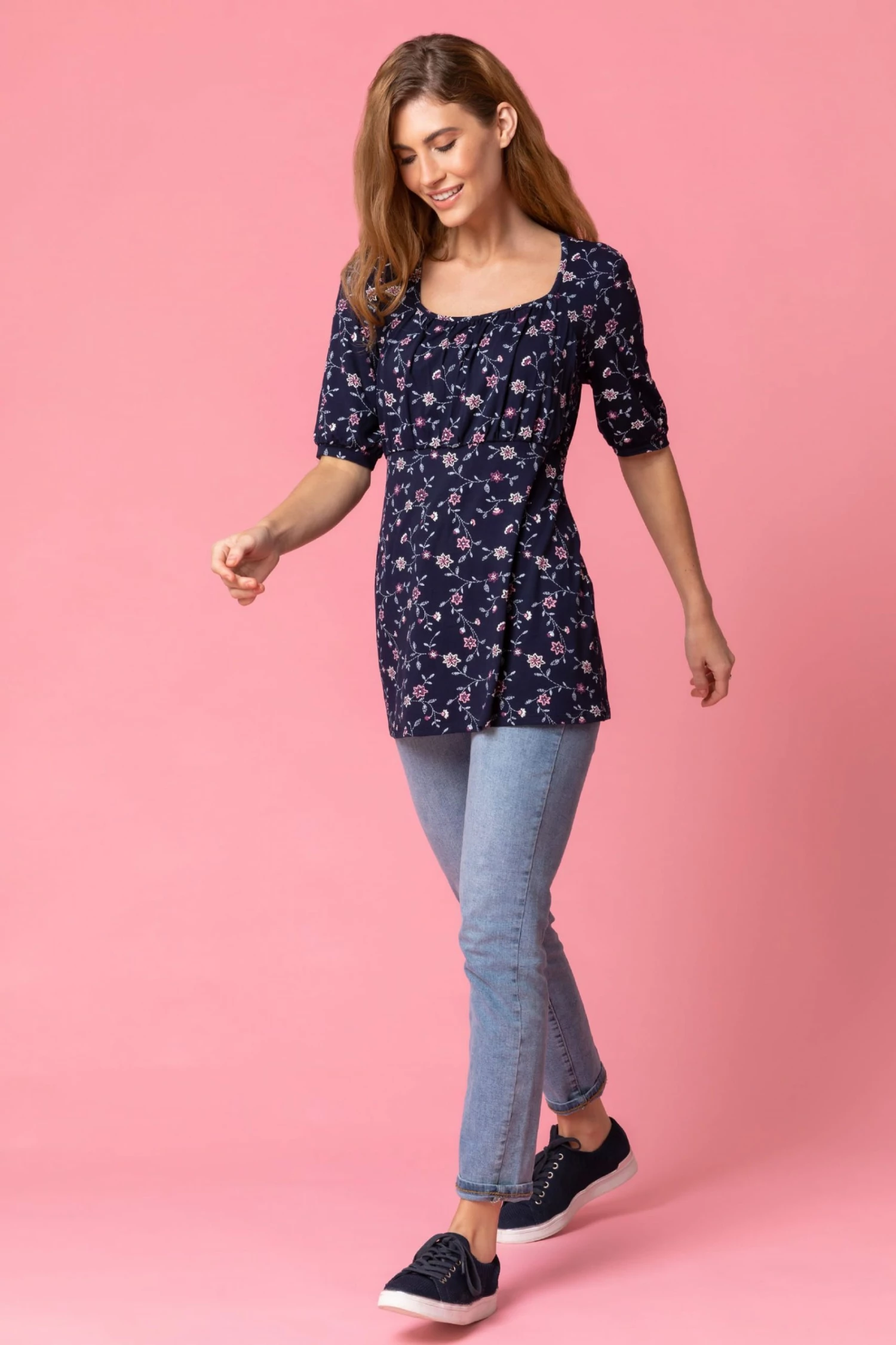 Roman Blue Gathered Floral Print Top 4 Roman Blue Gathered Floral Print Top - Image 2