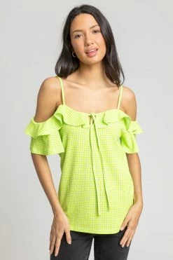Roman Green Gingham Print Cold Shoulder Frill Top