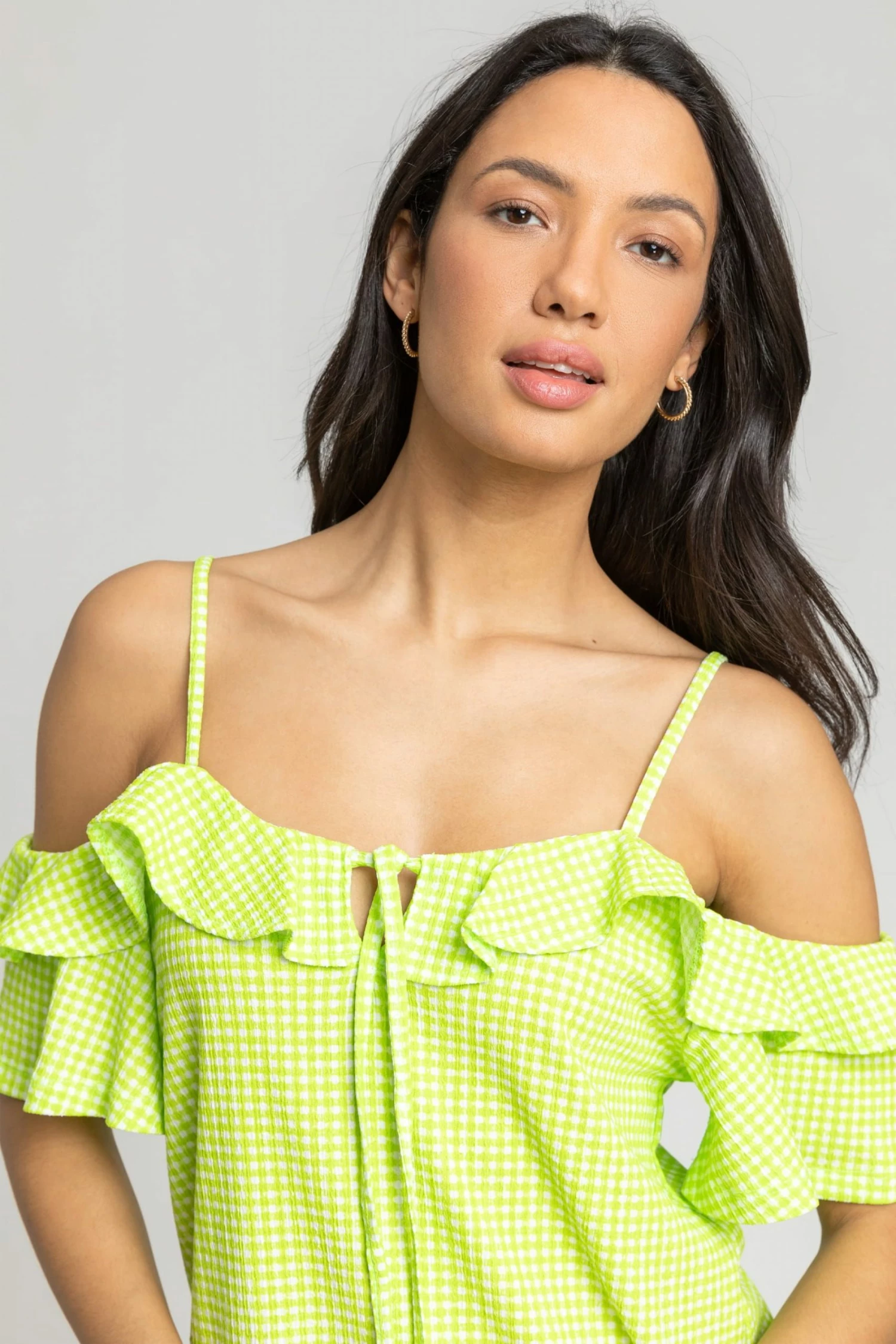Roman Green Gingham Print Cold Shoulder Frill Top 4 Roman Green Gingham Print Cold Shoulder Frill Top - Image 2