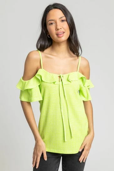 Roman Green Gingham Print Cold Shoulder Frill Top 6 Roman Green Gingham Print Cold Shoulder Frill Top - Image 4