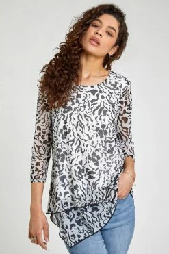 Roman White Animal Mesh Overlay Asymmetric Top