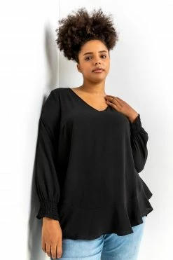Roman Black Curve Frill Hem Shirred Top