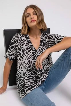 Roman Black Animal Print Notch Neck Top