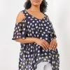 Roman Blue Spot Print Petite Cold Shoulder Spot Print Hanky Hem Top -Roman Sales Shop unnamed file 6692