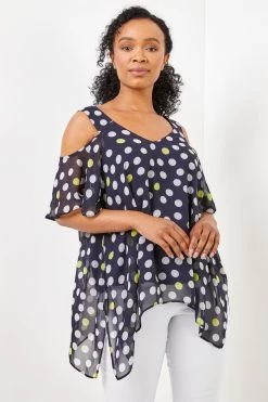 Roman Blue Spot Print Petite Cold Shoulder Spot Print Hanky Hem Top