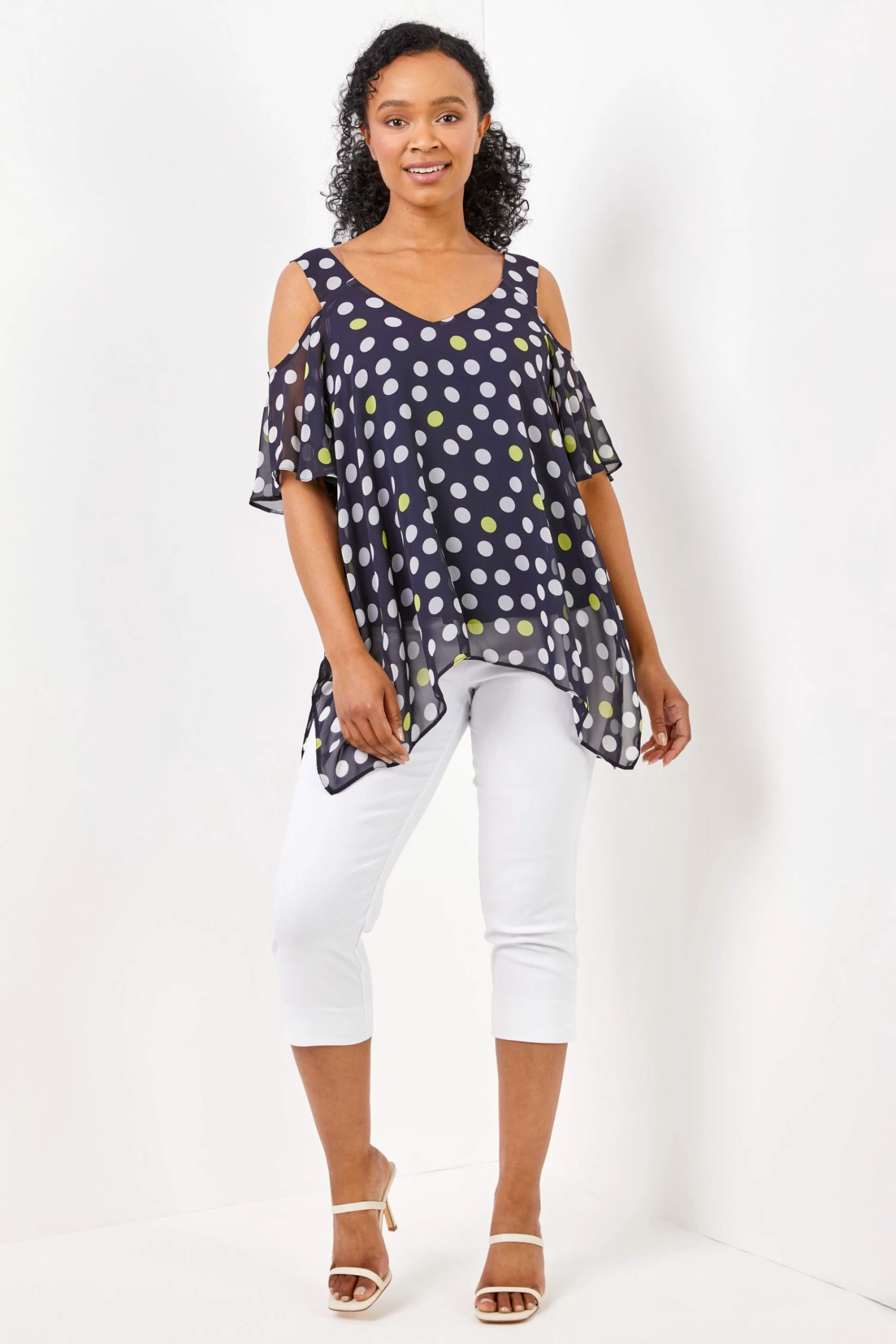 Roman Blue Spot Print Petite Cold Shoulder Spot Print Hanky Hem Top 4 Roman Blue Spot Print Petite Cold Shoulder Spot Print Hanky Hem Top - Image 2