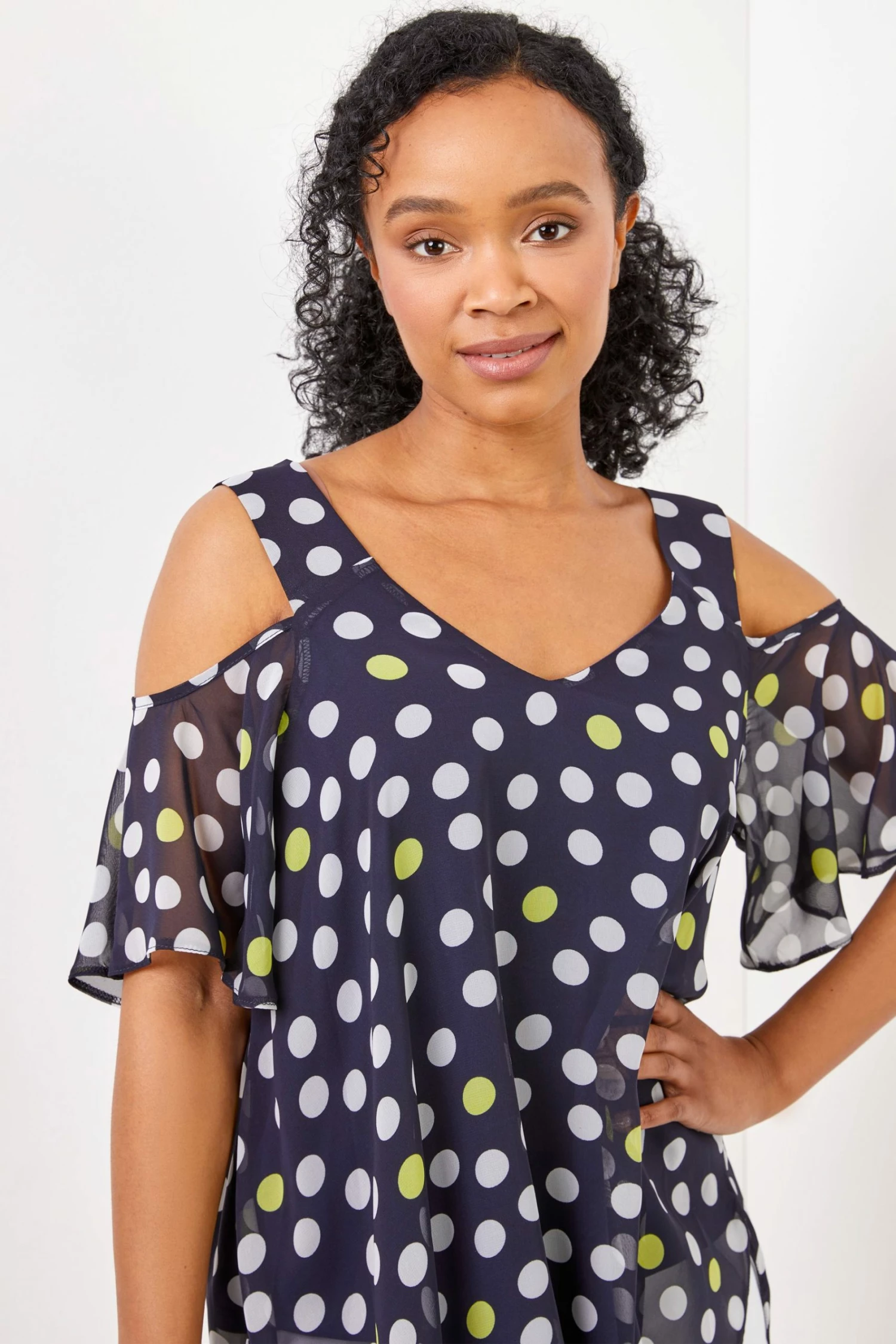 Roman Blue Spot Print Petite Cold Shoulder Spot Print Hanky Hem Top 6 Roman Blue Spot Print Petite Cold Shoulder Spot Print Hanky Hem Top - Image 4