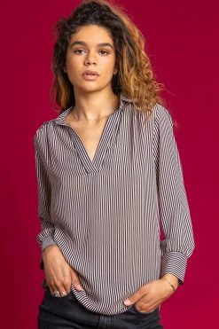 Roman Camel Stripe Print Collared Chiffon Top