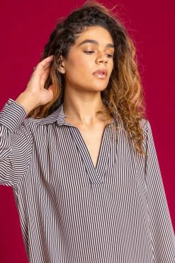 Roman Camel Stripe Print Collared Chiffon Top -Roman Sales Shop unnamed file 6700