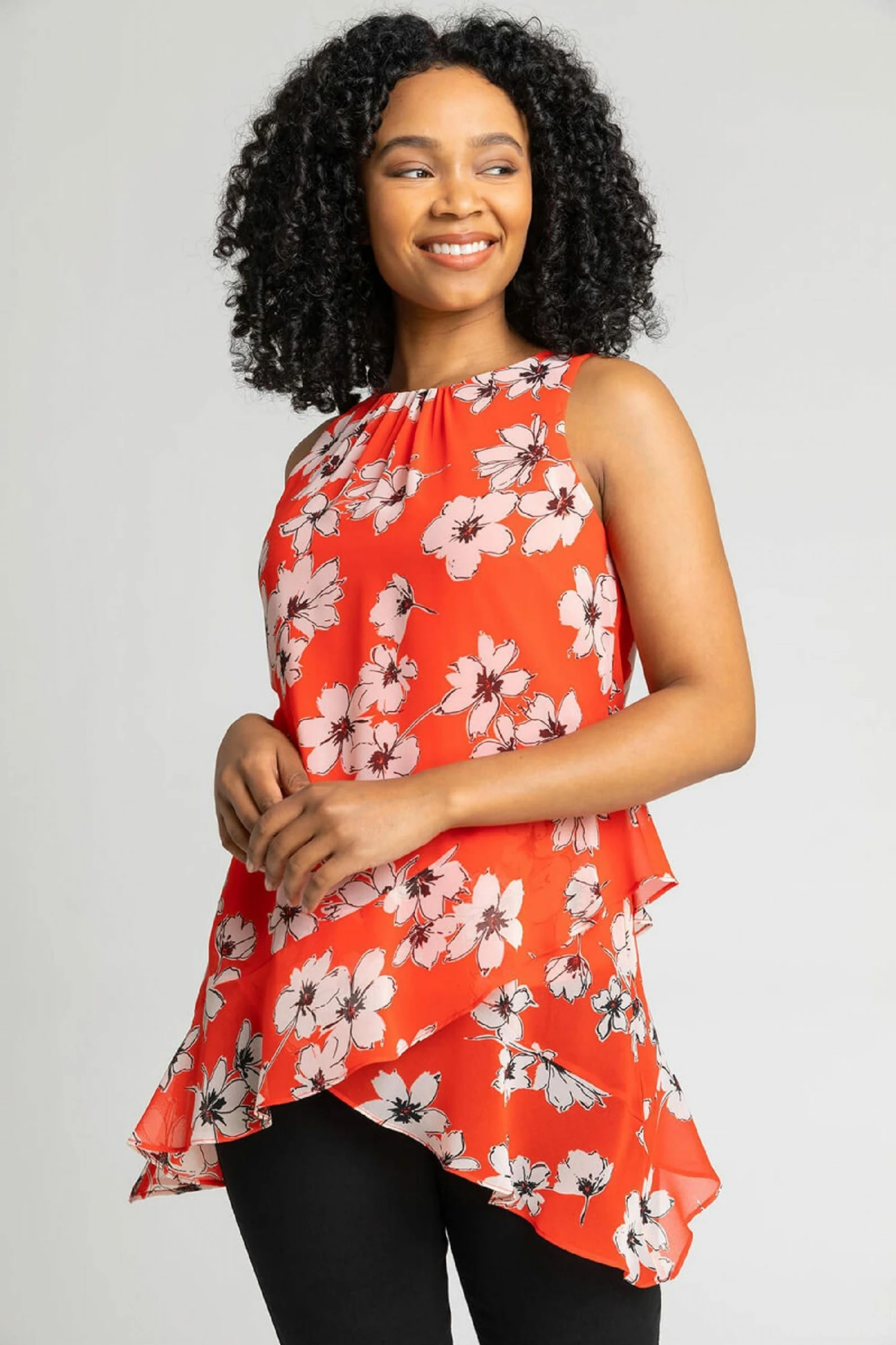 Roman Orange Petite Floral Print Frill Hem Top 3 Roman Orange Petite Floral Print Frill Hem Top