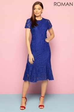 Roman Blue Flute Hem Lace Midi Dress