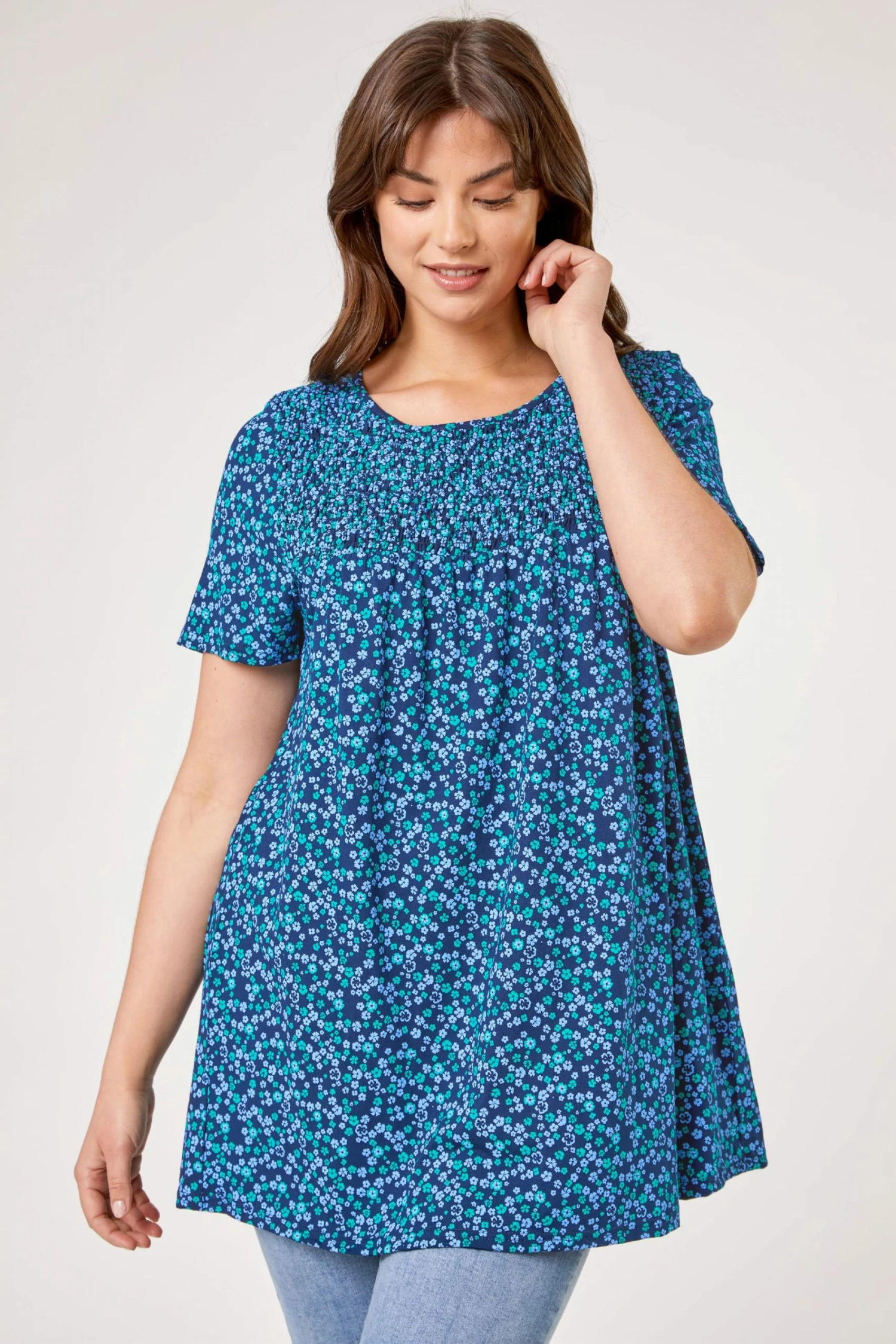 Roman Blue Curve Ditsy Floral Shirred Top 3 Roman Blue Curve Ditsy Floral Shirred Top