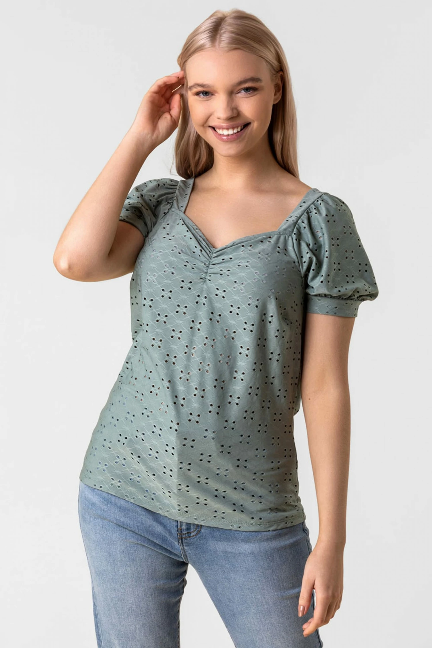 Roman Green Sweetheart Gathered Broderie Top 3 Roman Green Sweetheart Gathered Broderie Top
