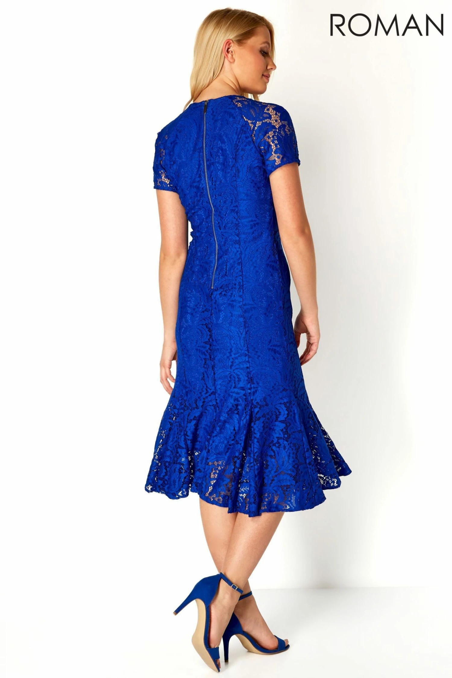 Roman Blue Flute Hem Lace Midi Dress 5 Roman Blue Flute Hem Lace Midi Dress - Image 3