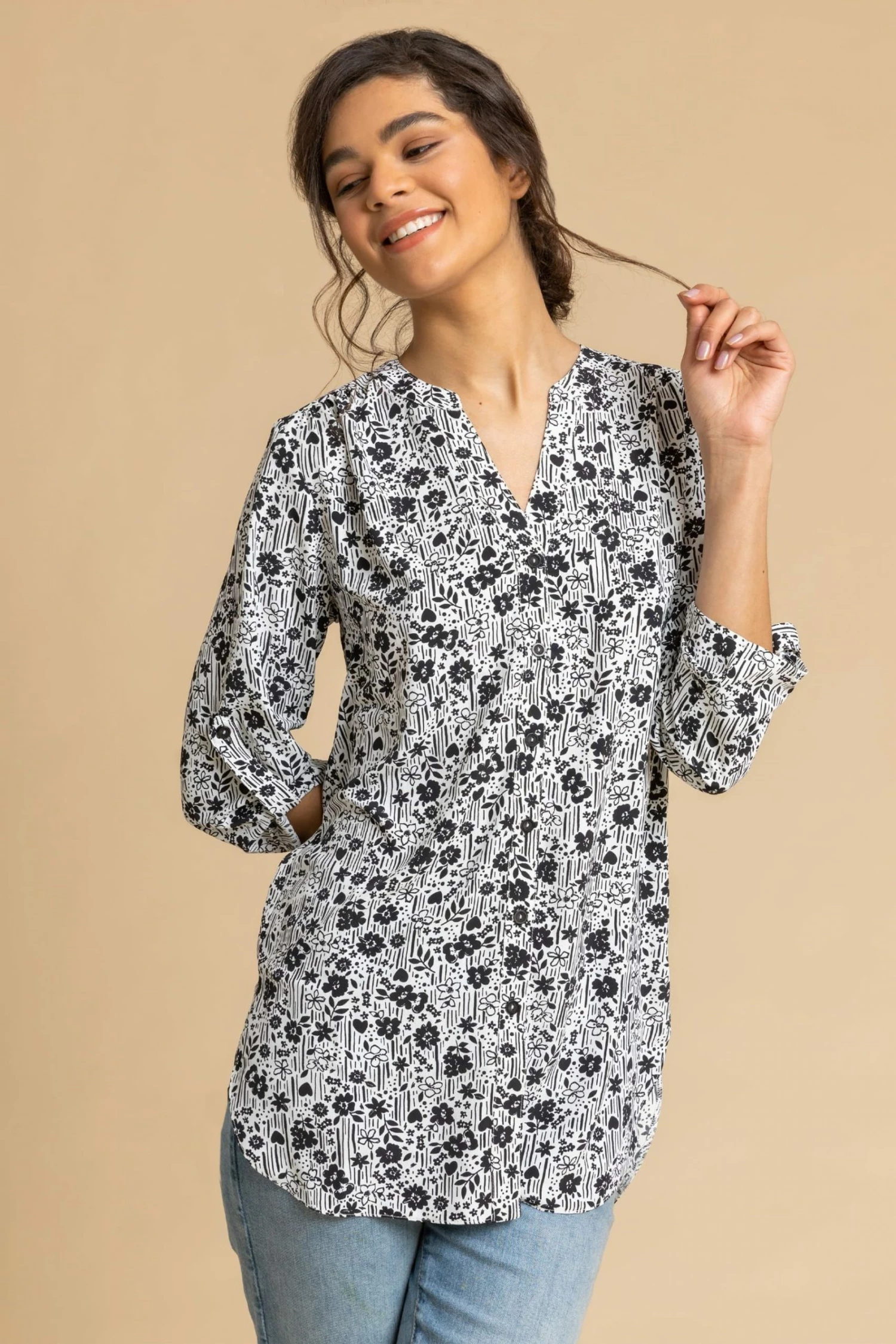 Roman Black Ditsy Floral Button Through Tunic Blouse 3 Roman Black Ditsy Floral Button Through Tunic Blouse