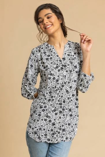 Roman Black Ditsy Floral Button Through Tunic Blouse 7 Roman Black Ditsy Floral Button Through Tunic Blouse - Image 5