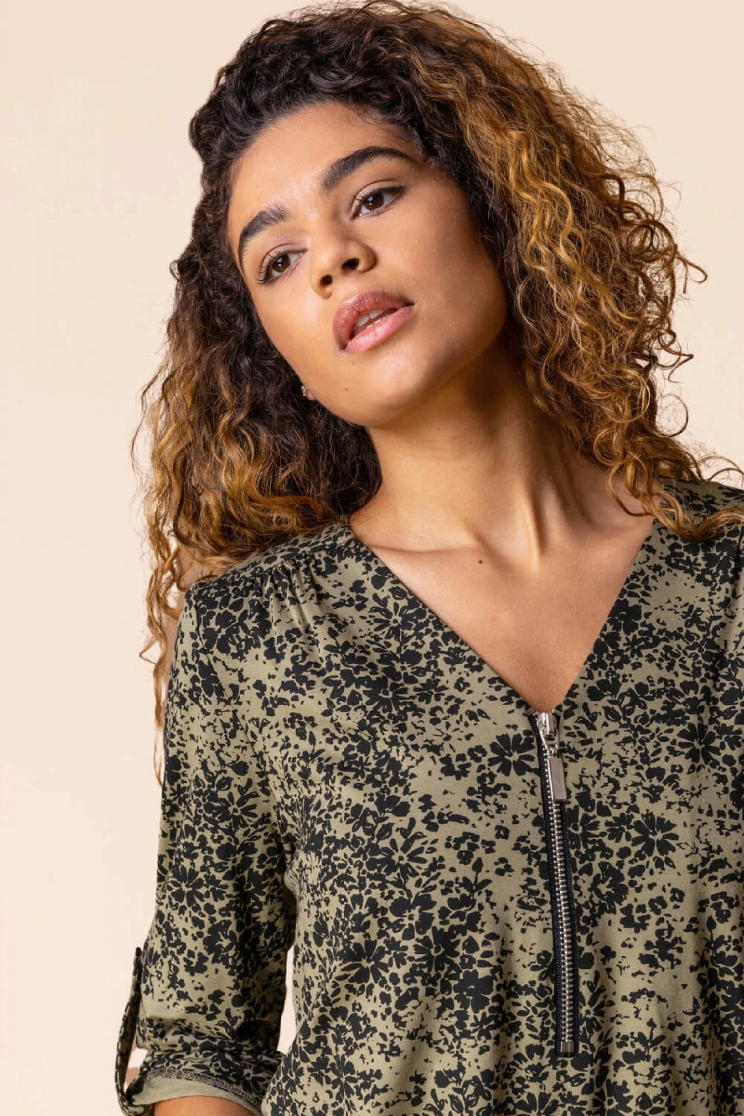 Roman Green Ditsy Floral Print Zip Top 6 Roman Green Ditsy Floral Print Zip Top - Image 4