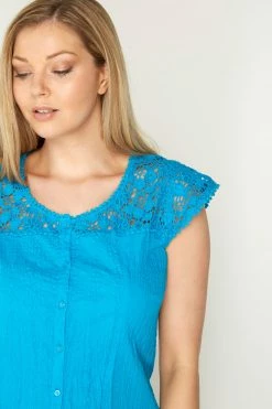 Roman Blue Lace Yoke And Sleeve Crinkle Blouse