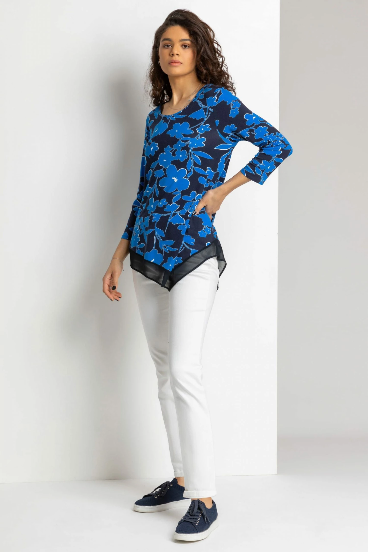 Roman Blue Floral Chiffon Hem Asymmetric Top 5 Roman Blue Floral Chiffon Hem Asymmetric Top - Image 3