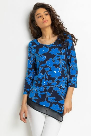 Roman Blue Floral Chiffon Hem Asymmetric Top 7 Roman Blue Floral Chiffon Hem Asymmetric Top - Image 5