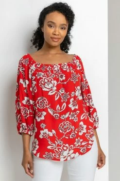 Roman Red Petite Floral Print Bardot Top