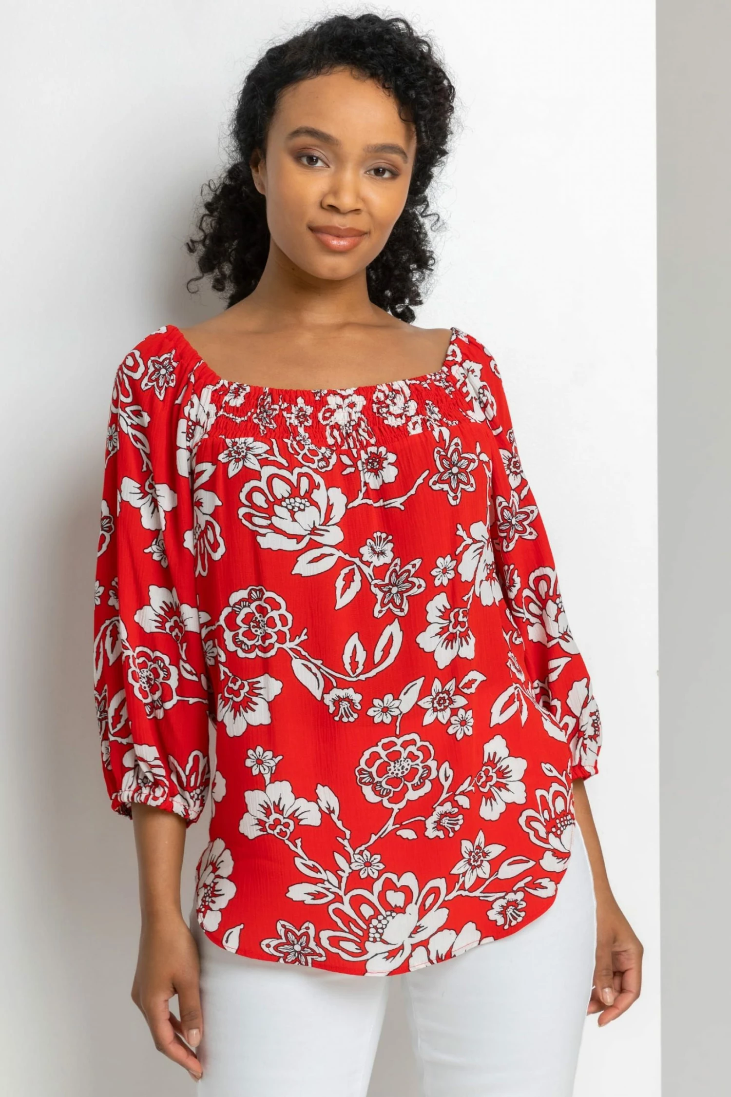 Roman Red Petite Floral Print Bardot Top 3 Roman Red Petite Floral Print Bardot Top