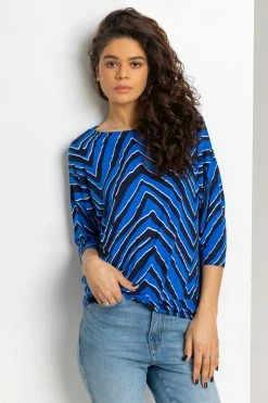 Roman Blue Abstract Stripe Print Blouson Top