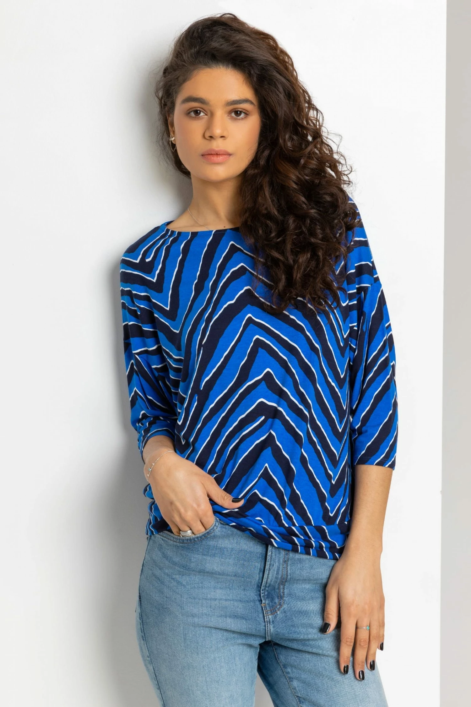 Roman Blue Abstract Stripe Print Blouson Top 3 Roman Blue Abstract Stripe Print Blouson Top