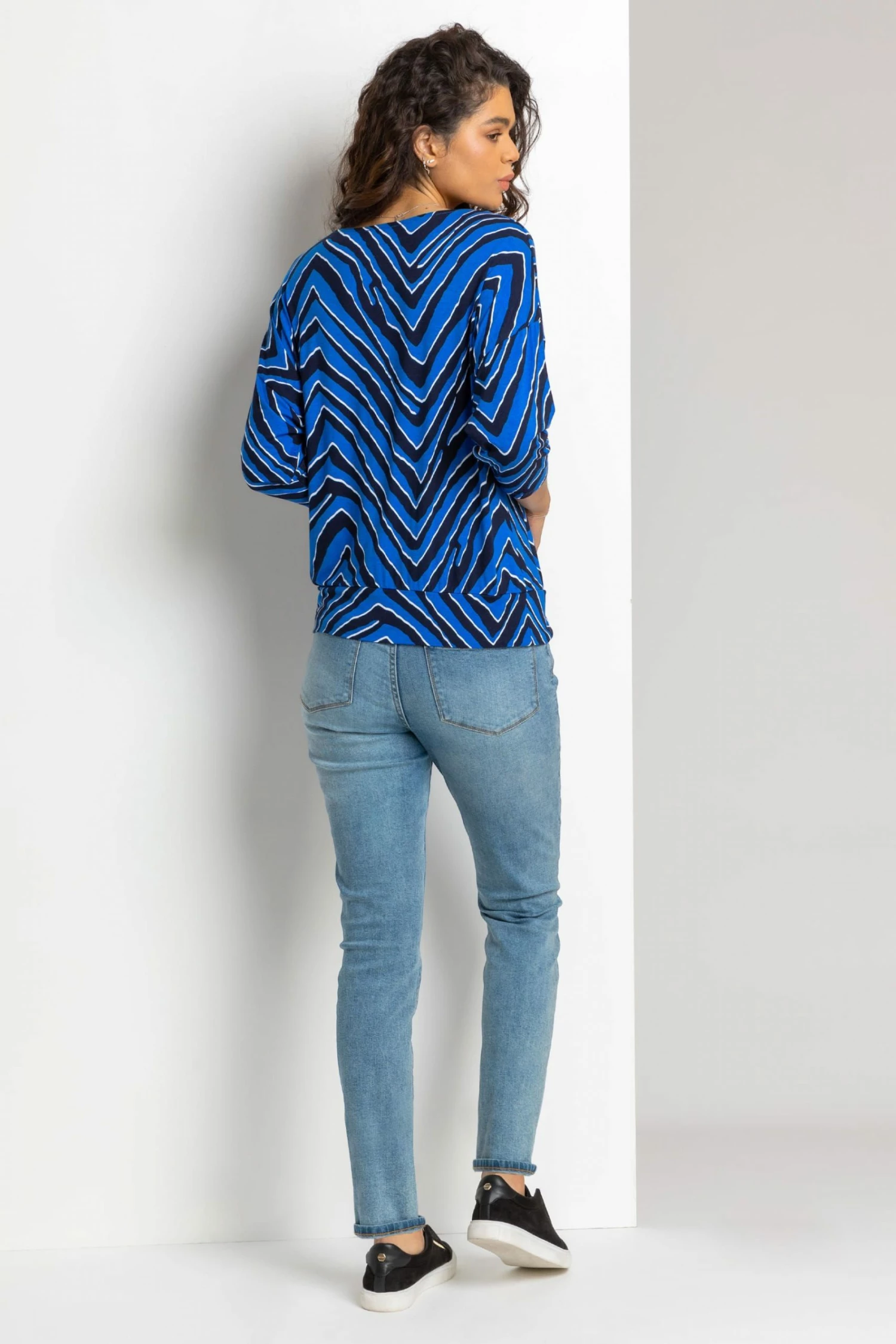 Roman Blue Abstract Stripe Print Blouson Top 4 Roman Blue Abstract Stripe Print Blouson Top - Image 2
