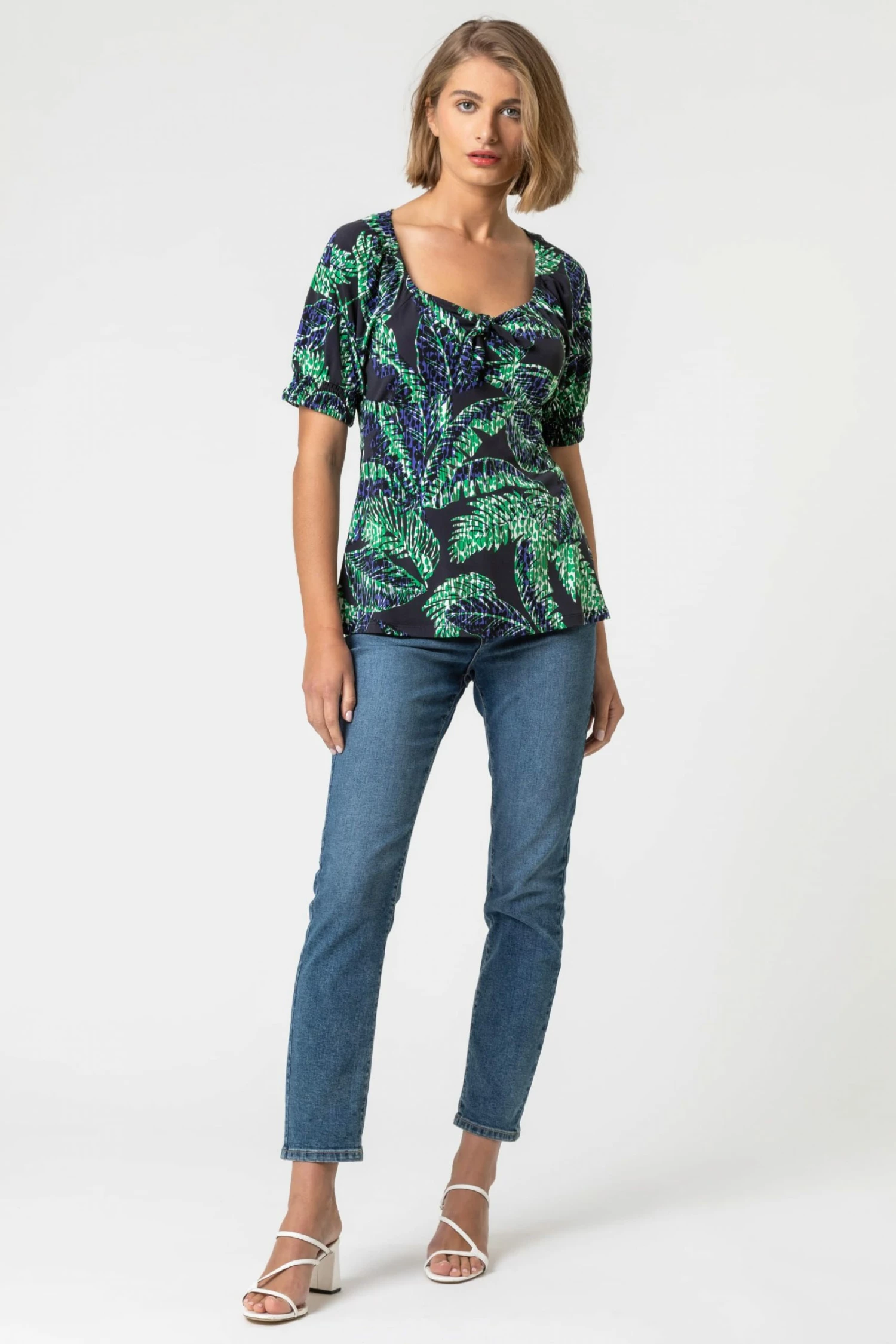 Roman Blue Leaf Print Puff Sleeve Tie Detail Top 4 Roman Blue Leaf Print Puff Sleeve Tie Detail Top - Image 2