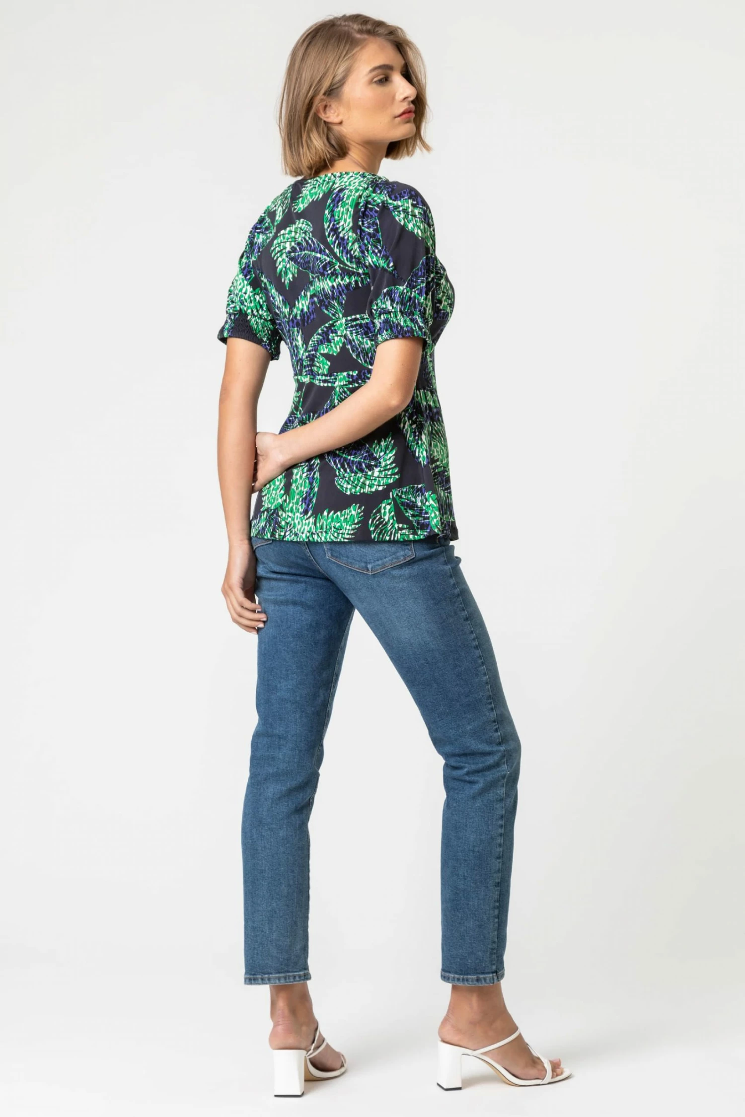 Roman Blue Leaf Print Puff Sleeve Tie Detail Top 5 Roman Blue Leaf Print Puff Sleeve Tie Detail Top - Image 3