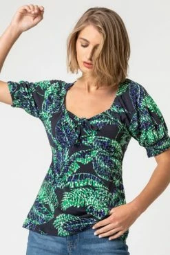 Roman Blue Leaf Print Puff Sleeve Tie Detail Top 11 Roman Blue Leaf Print Puff Sleeve Tie Detail Top -Roman Sales Shop unnamed file 6808