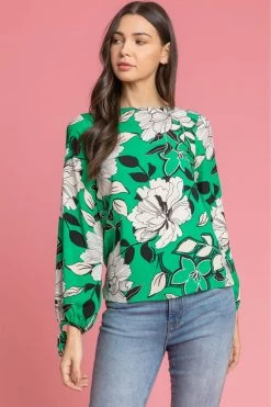 Roman Green Floral Print Tie Sleeve Top