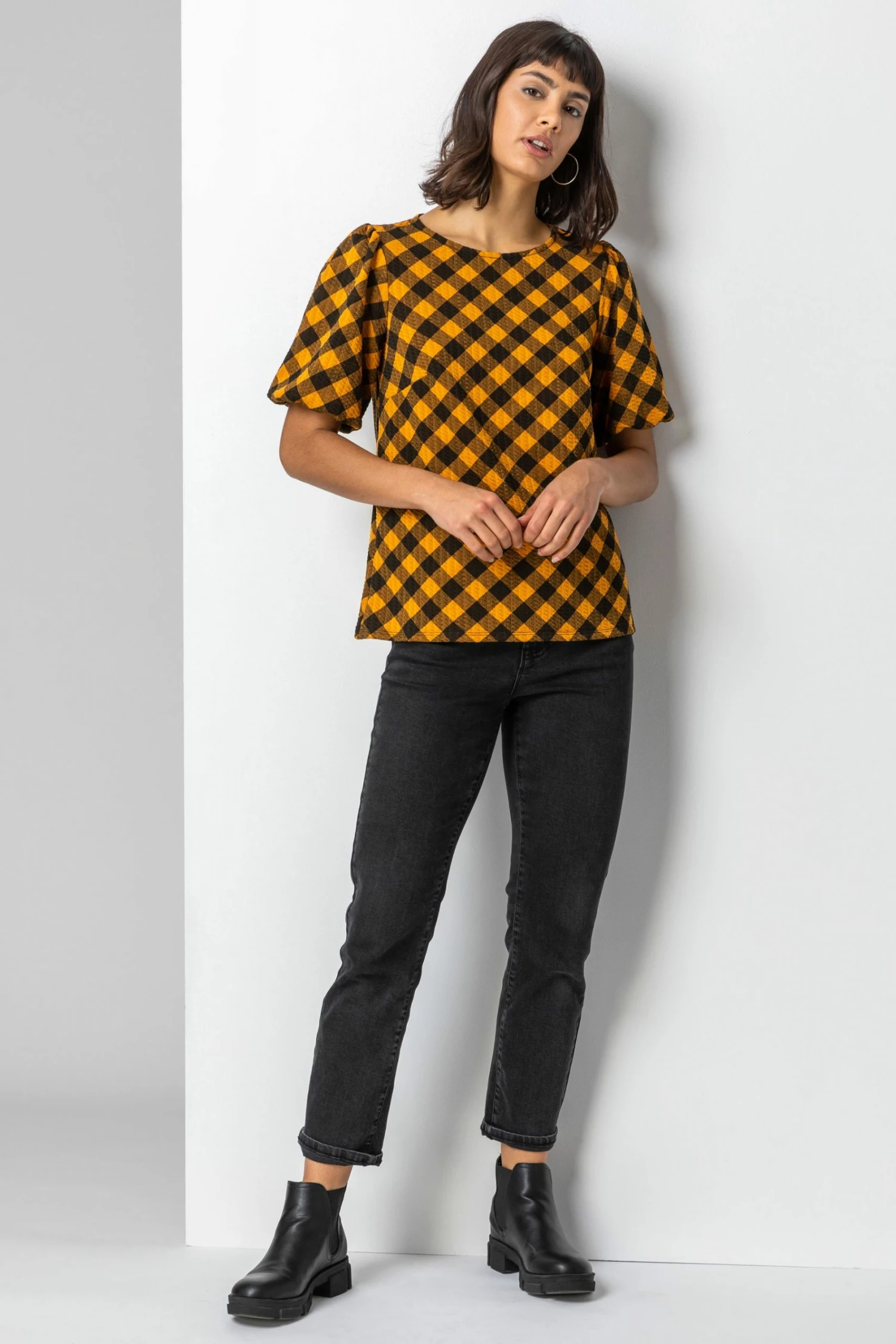 Roman Yellow Check Print Puff Sleeve Top 4 Roman Yellow Check Print Puff Sleeve Top - Image 2