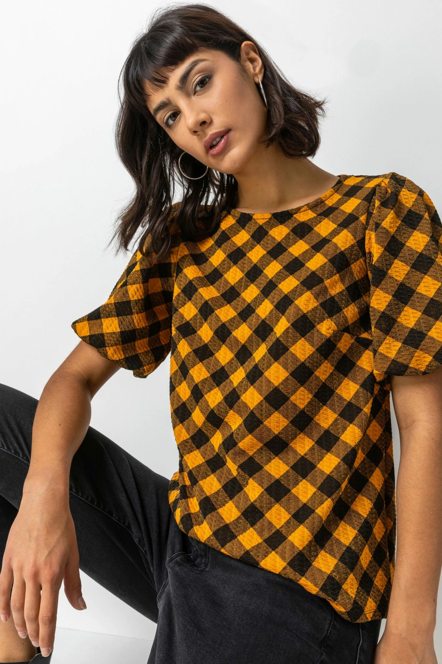 Roman Yellow Check Print Puff Sleeve Top 6 Roman Yellow Check Print Puff Sleeve Top - Image 4