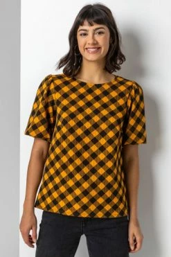 Roman Yellow Check Print Puff Sleeve Top 11 Roman Yellow Check Print Puff Sleeve Top -Roman Sales Shop unnamed file 6819