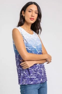 Roman Blue Ombre Shell Print Ruffle Detail Top