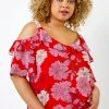 Roman Red Curve Floral Print Frill Detail Cold Shoulder Top -Roman Sales Shop unnamed file 6825