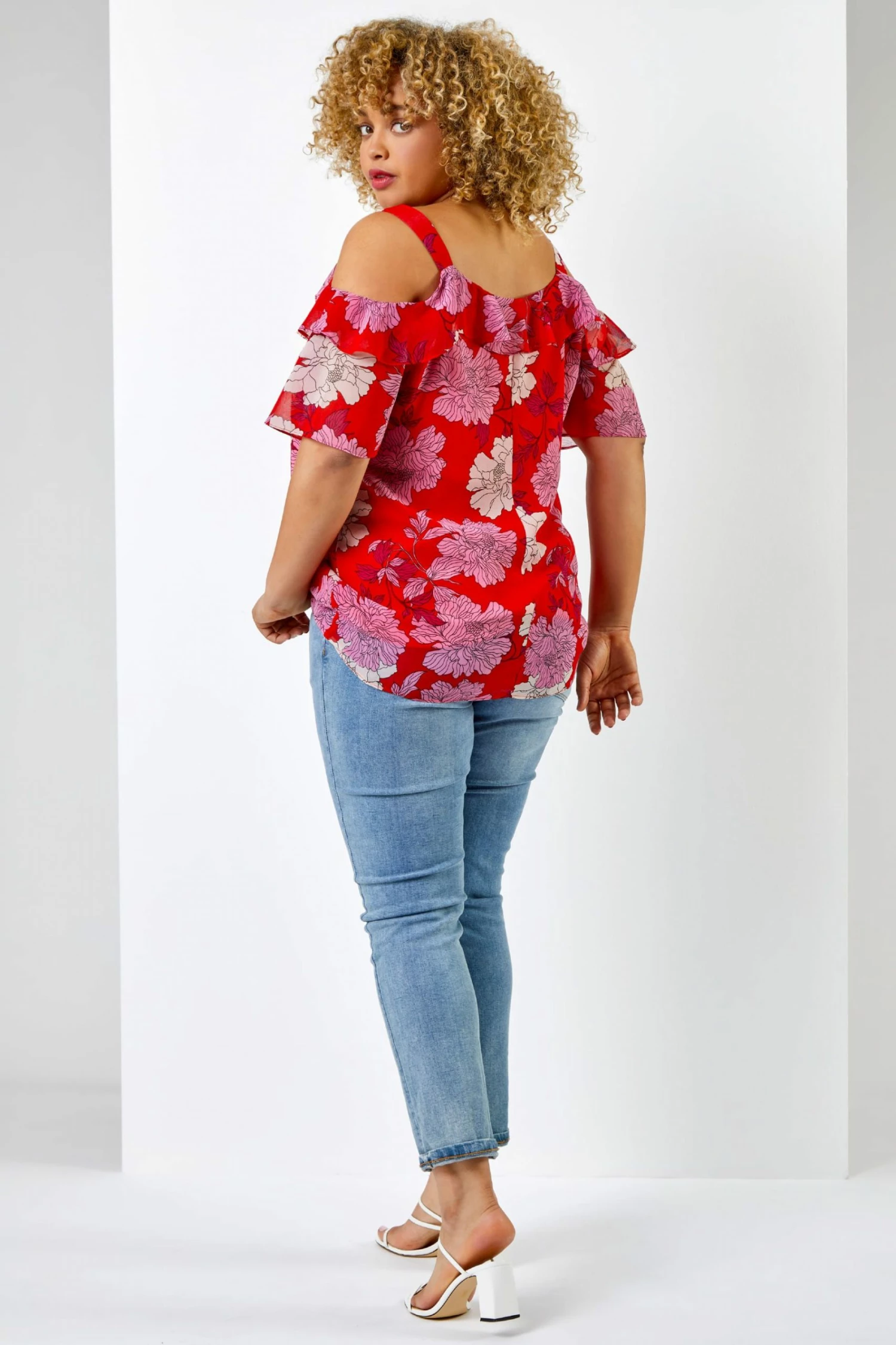 Roman Red Curve Floral Print Frill Detail Cold Shoulder Top 4 Roman Red Curve Floral Print Frill Detail Cold Shoulder Top - Image 2