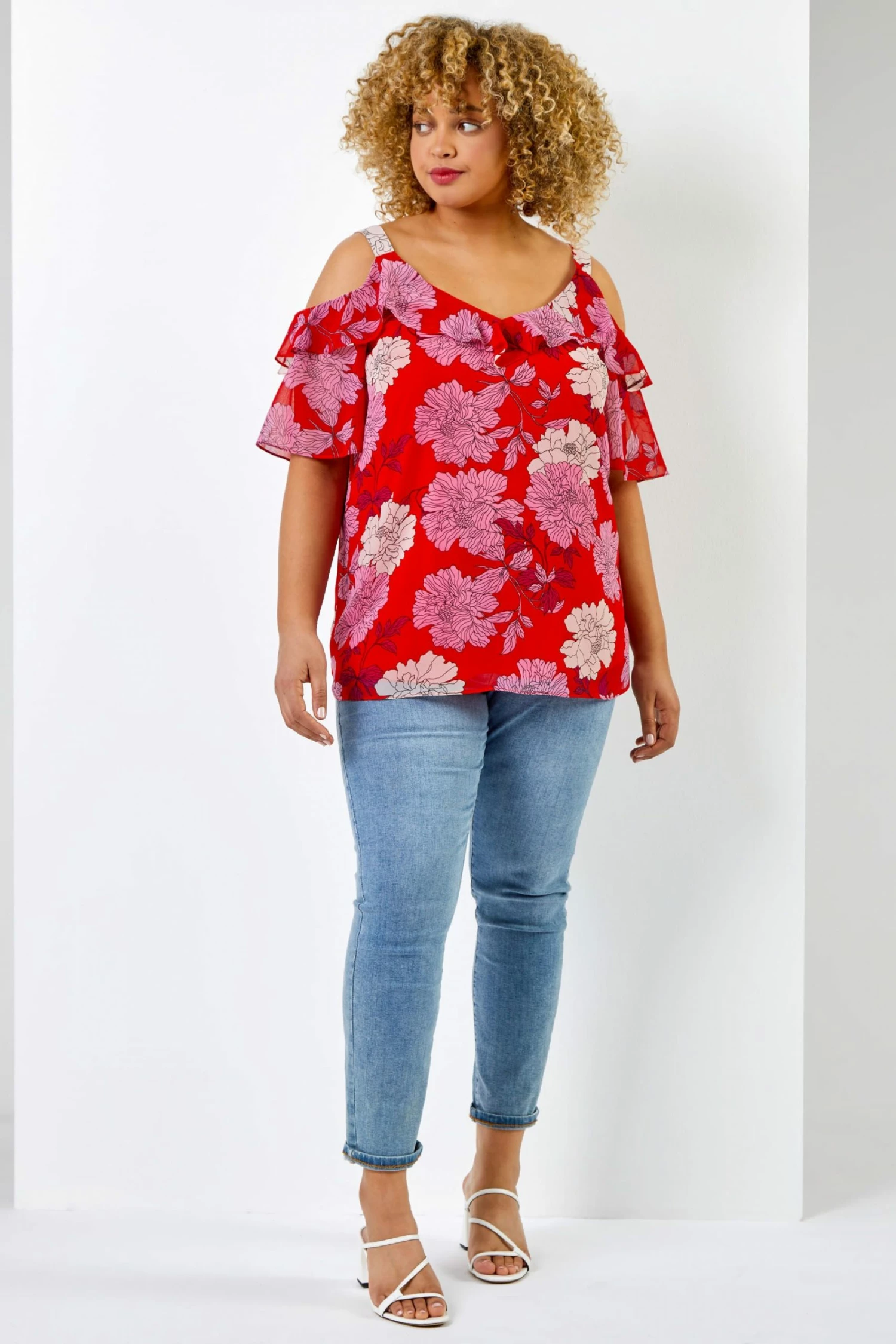Roman Red Curve Floral Print Frill Detail Cold Shoulder Top 5 Roman Red Curve Floral Print Frill Detail Cold Shoulder Top - Image 3